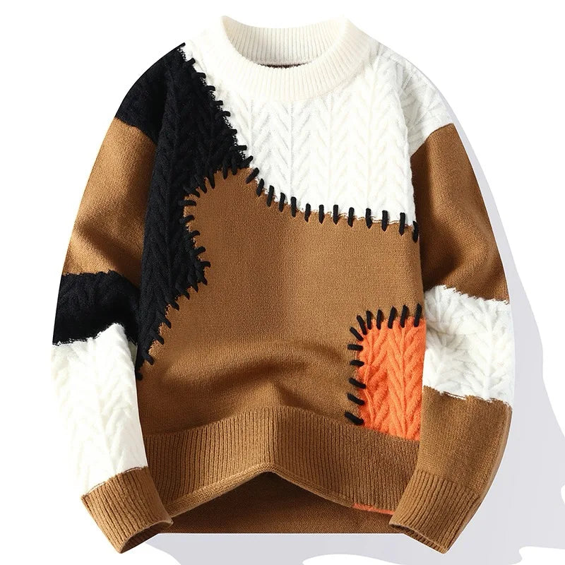 Men's Colour Block Knit Jumper with Crew Neck Patchwork