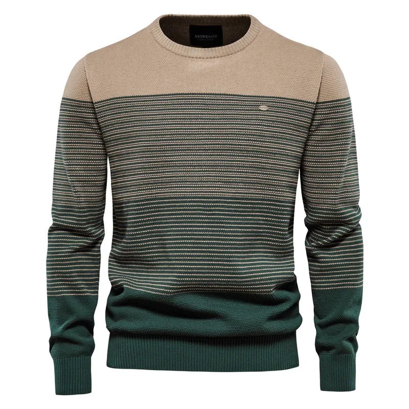 Men's Knitted Crew Neck Jumper – Long Sleeve Striped Sweater with Ribbed Cuffs and Hem