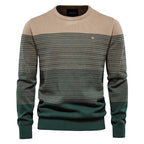 Men's Knitted Crew Neck Jumper – Long Sleeve Striped Sweater with Ribbed Cuffs and Hem