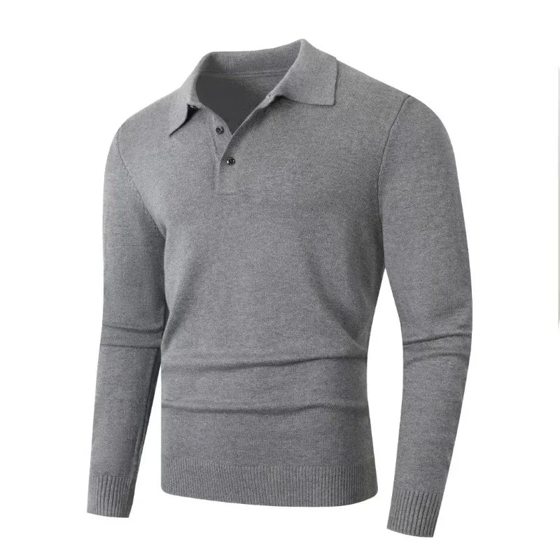 Men's Knitted Polo Jumper with Long Sleeves Ribbed Hem