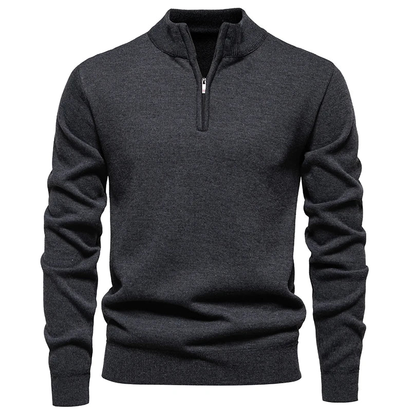 Men's Quarter Zip Knitted Jumper with Stand Collar Ribbed Cuffs