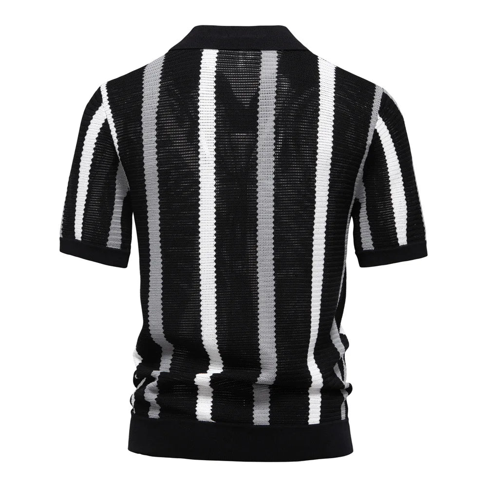 Men's Striped Short Sleeve Polo Shirt with Open Collar