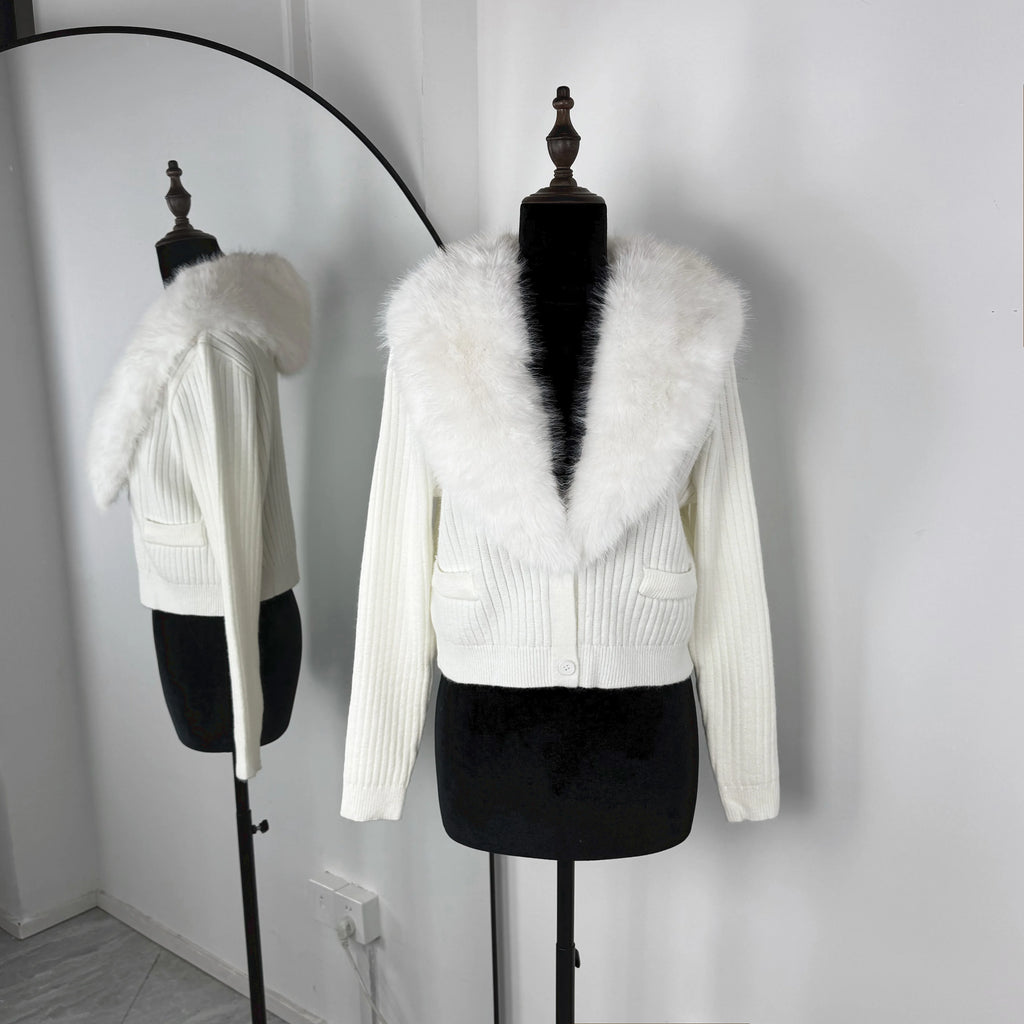 Women's Knitted Cardigan with Oversized Furry Collar – Long Sleeve Button Front Sweater
