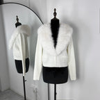 Women's Knitted Cardigan with Oversized Furry Collar – Long Sleeve Button Front Sweater