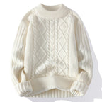 Men's Cable Knit Jumper with Textured Diamond Pattern and Ribbed Trims