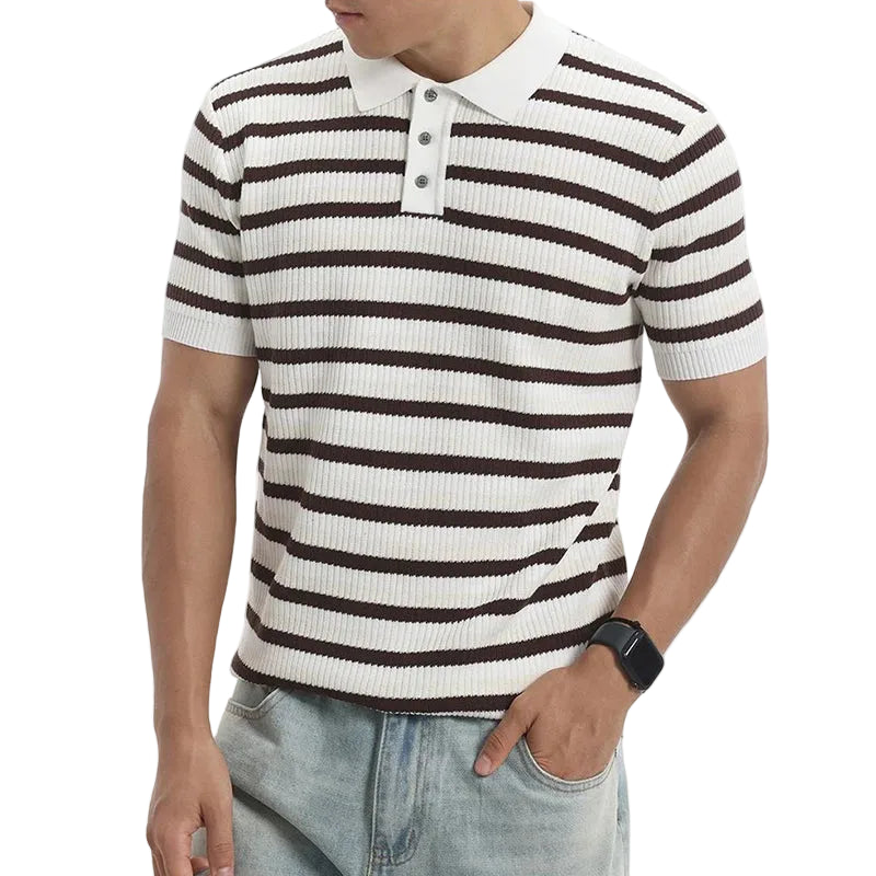 Button Placket Striped T Shirt Men