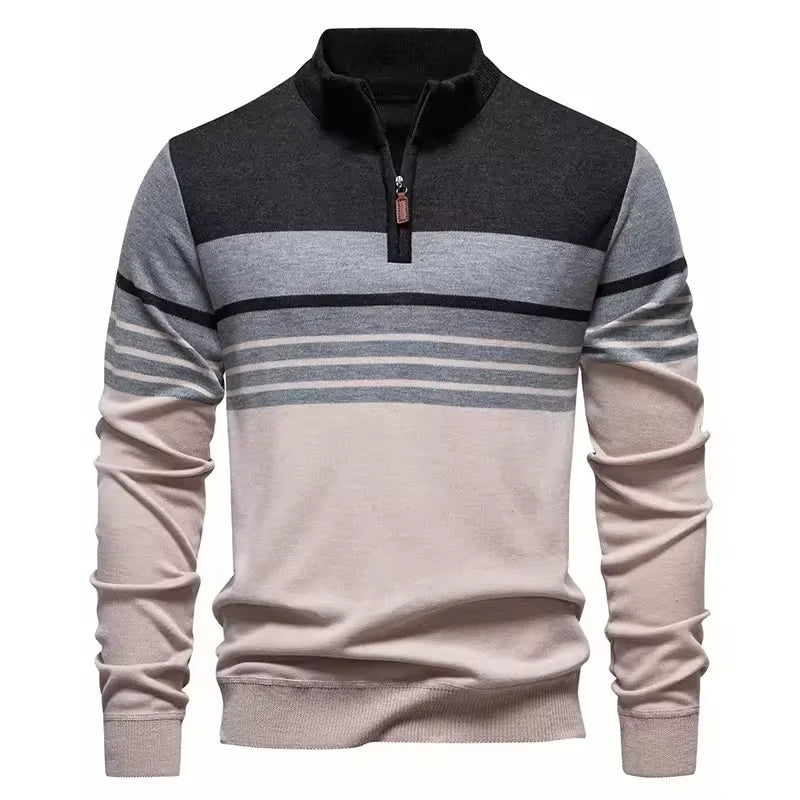 Men's Knitted Quarter Zip Jumper – High Neck Long Sleeve Striped Sweater