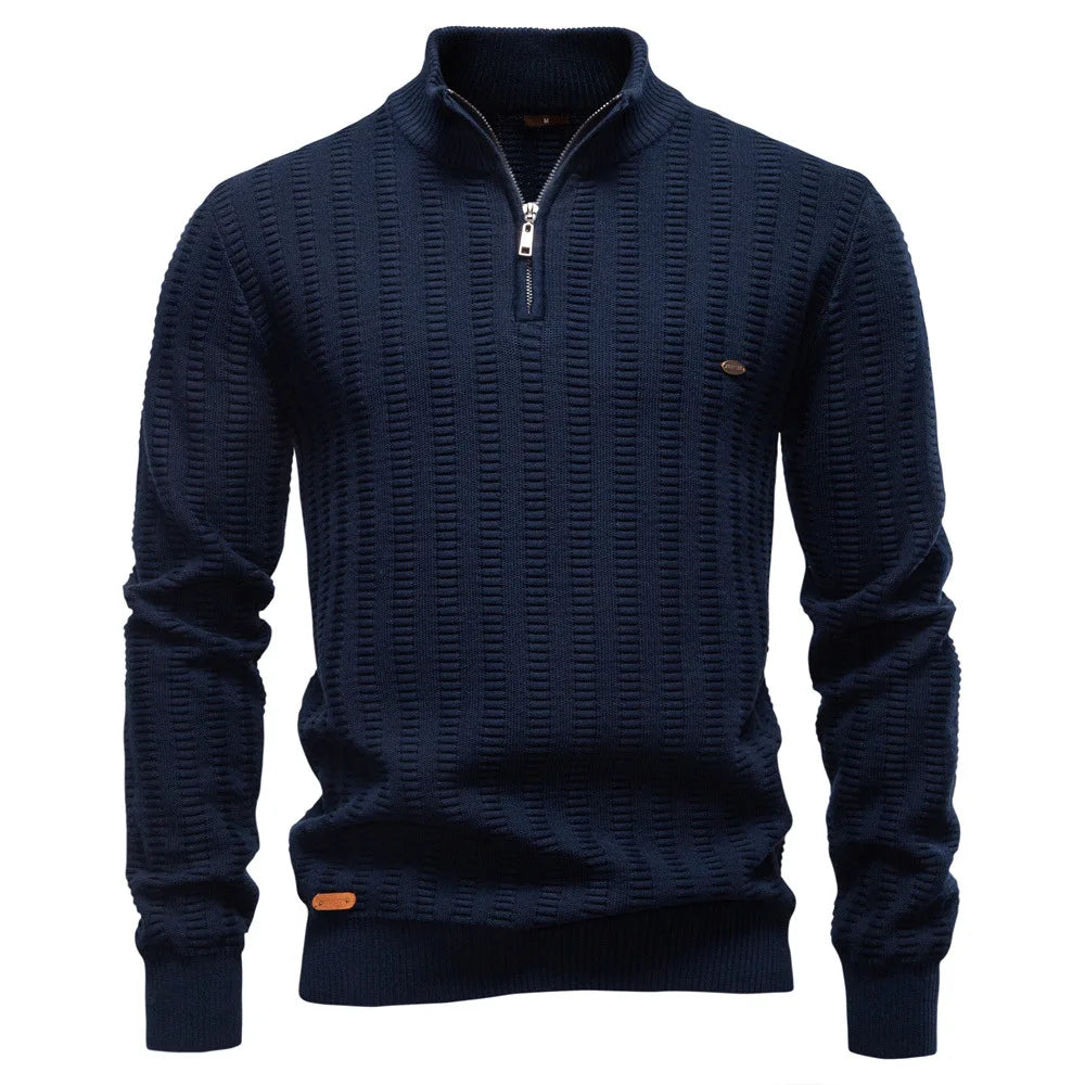 Men's Knitted Quarter-Zip Jumper – Long Sleeve High Neck Ribbed Pullover Sweater
