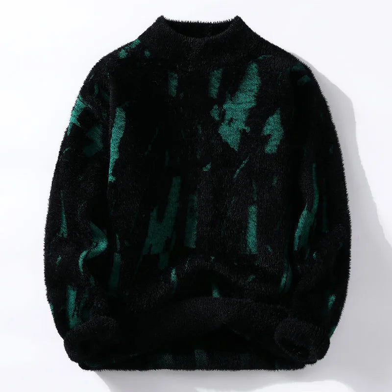 Men's Abstract Knit Jumper with Crew Neck Brushstroke Pattern