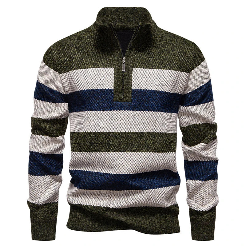 Men's Knitted Striped Quarter-Zip Jumper – Long Sleeve High Neck Pullover