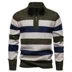 Men's Knitted Striped Quarter-Zip Jumper – Long Sleeve High Neck Pullover