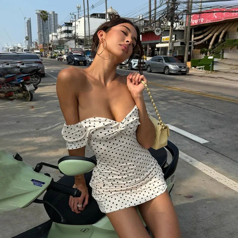 Women's Off Shoulder Polka Dot Mini Dress With Straps