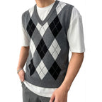 Men's Argyle Knit Gilet with V Neck Diamond Pattern