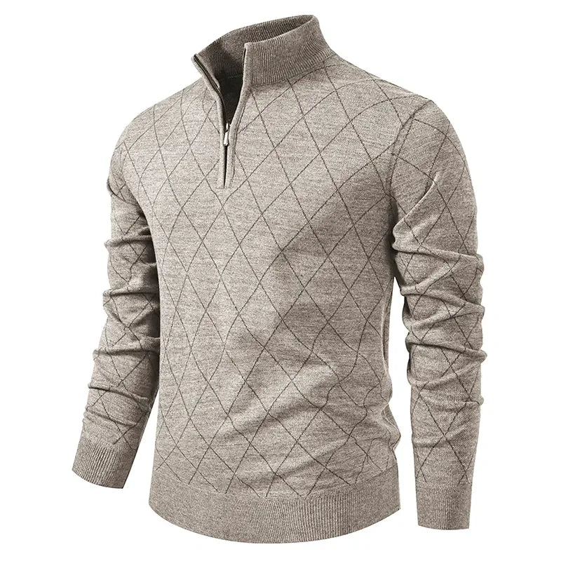 Men's Diamond Knit Sweater Quarter Zip Stand Collar