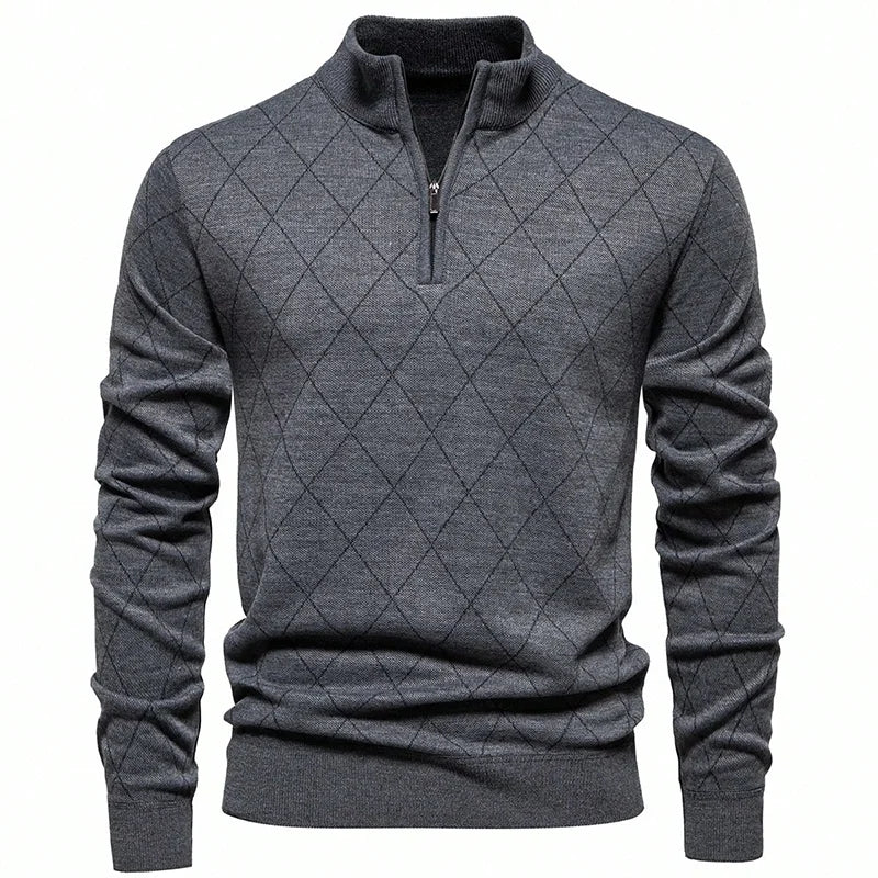 Men's Diamond Knit Sweater Quarter Zip Stand Collar