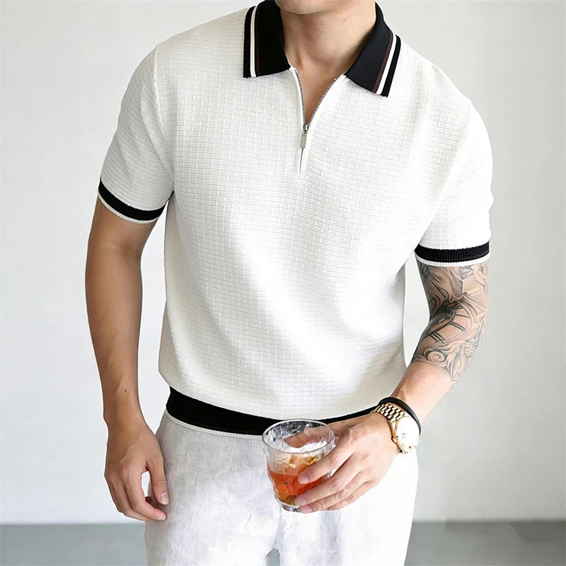Textured Knit Short Sleeve Polo Top