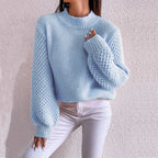 Women's Knitted Jumper – Crew Neck Long Sleeve Sweater with Textured Knit Design