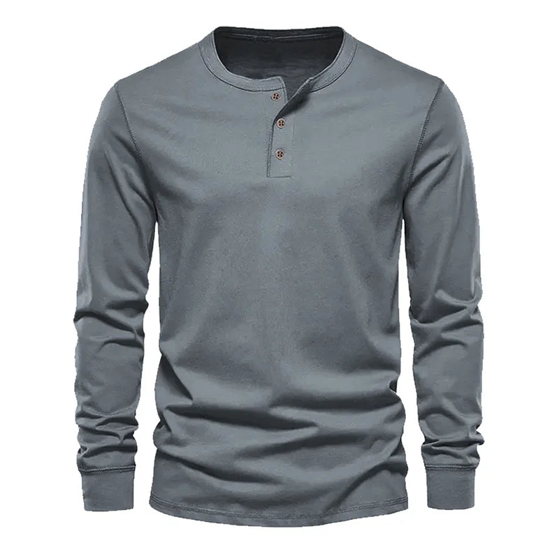 Men's Classic Long Sleeve Henley Tee with Round Neck