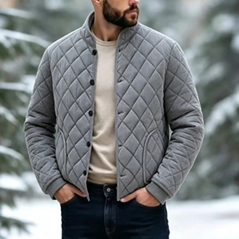 Men's Quilted Jacket – Long Sleeve Zip Front with Stand Collar and Pockets