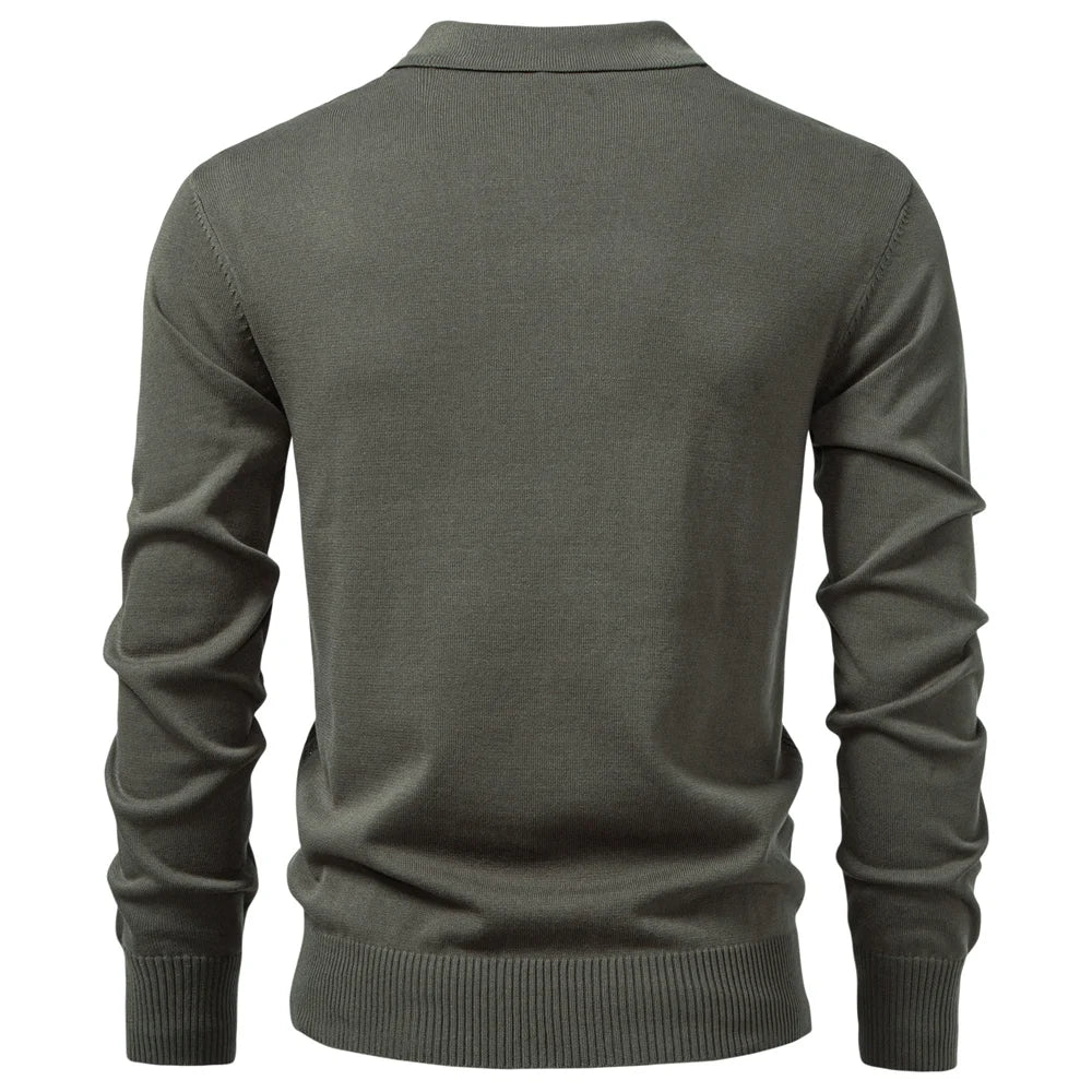 Men's Quarter Zip Polo Sweater with Long Sleeves and Ribbed Collar
