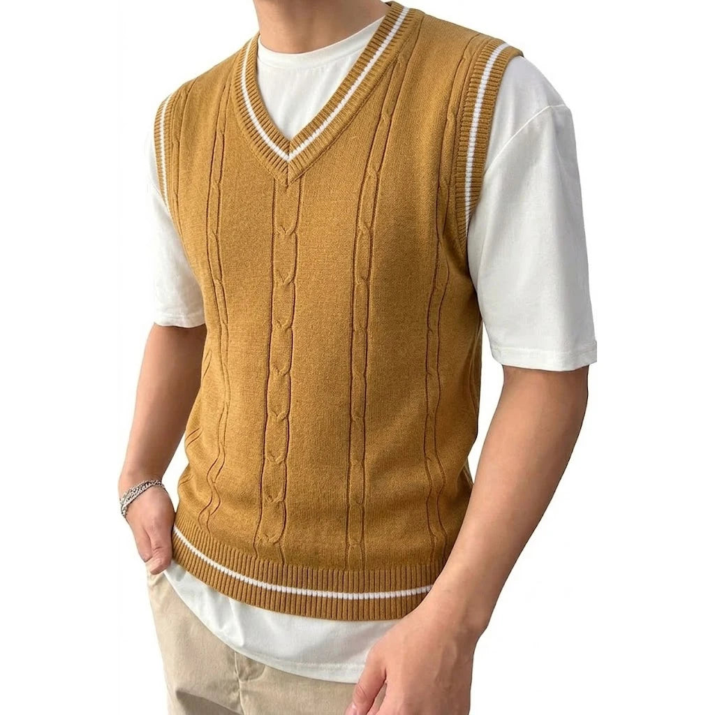 Men's Cable Knit Gilet with V Neck and Ribbed Trims