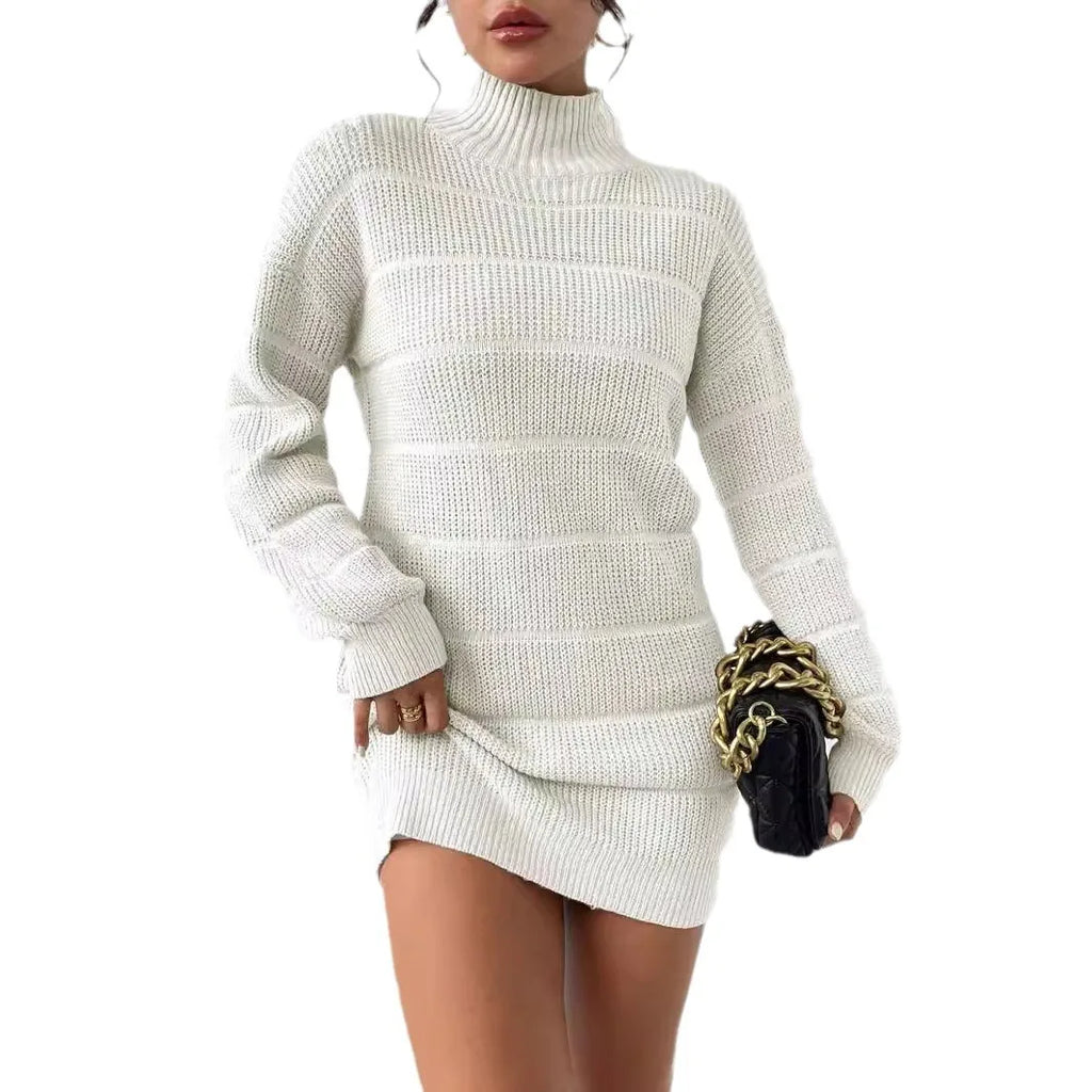 Women's Knitted Sweater Dress – Ribbed Turtleneck Mini Dress with Long Sleeves