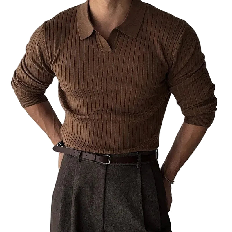 Ribbed Knit Polo Shirt Mens Top