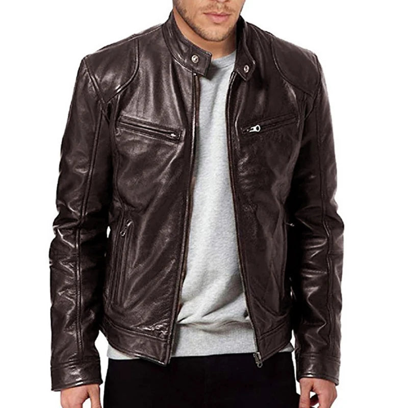 Men's Long Sleeve Jacket with Stand Collar – Full Zip Front and Chest Pockets