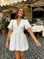 Puff Sleeve V Neck Mini Dress