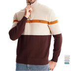 Men's Knitted Quarter-Zip Jumper with High Neck and Striped Colour-Block Design