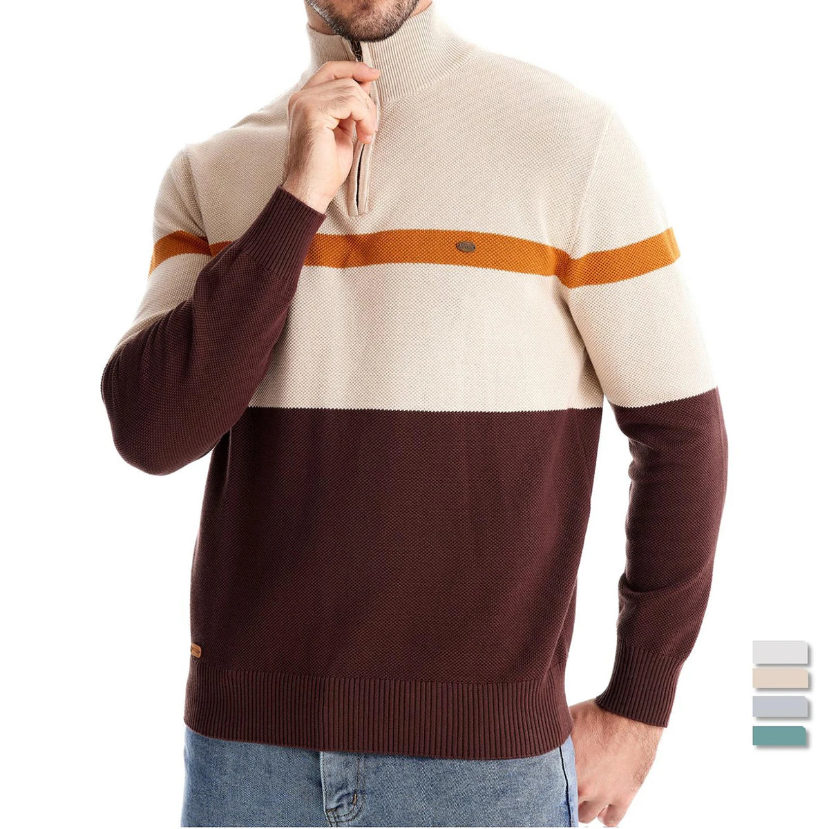 Men's Knitted Quarter-Zip Jumper with High Neck and Striped Colour-Block Design