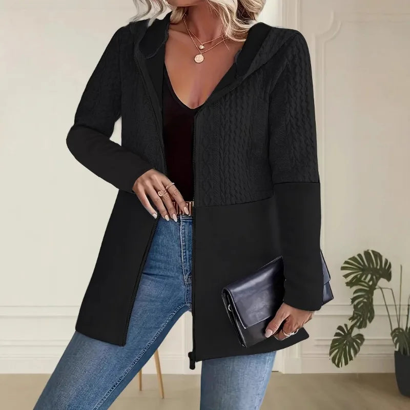 Women's Hooded Knit Cardigan – Zip Front Jacket with Long Sleeves and Pockets