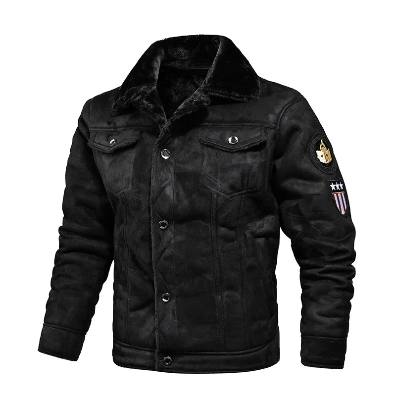 Men's Lined Jacket with Shearling Collar – Long Sleeve Button Front Winter Outerwear
