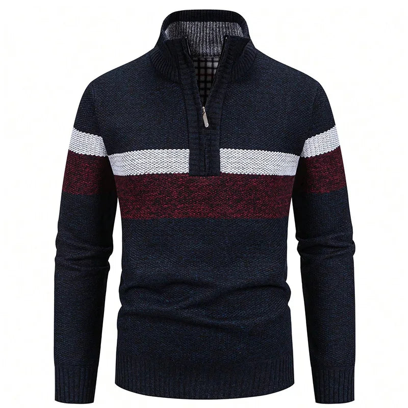 Men's Knitted Striped Quarter-Zip Jumper – Long Sleeve High Neck Pullover Sweater
