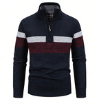 Men's Knitted Striped Quarter-Zip Jumper – Long Sleeve High Neck Pullover Sweater