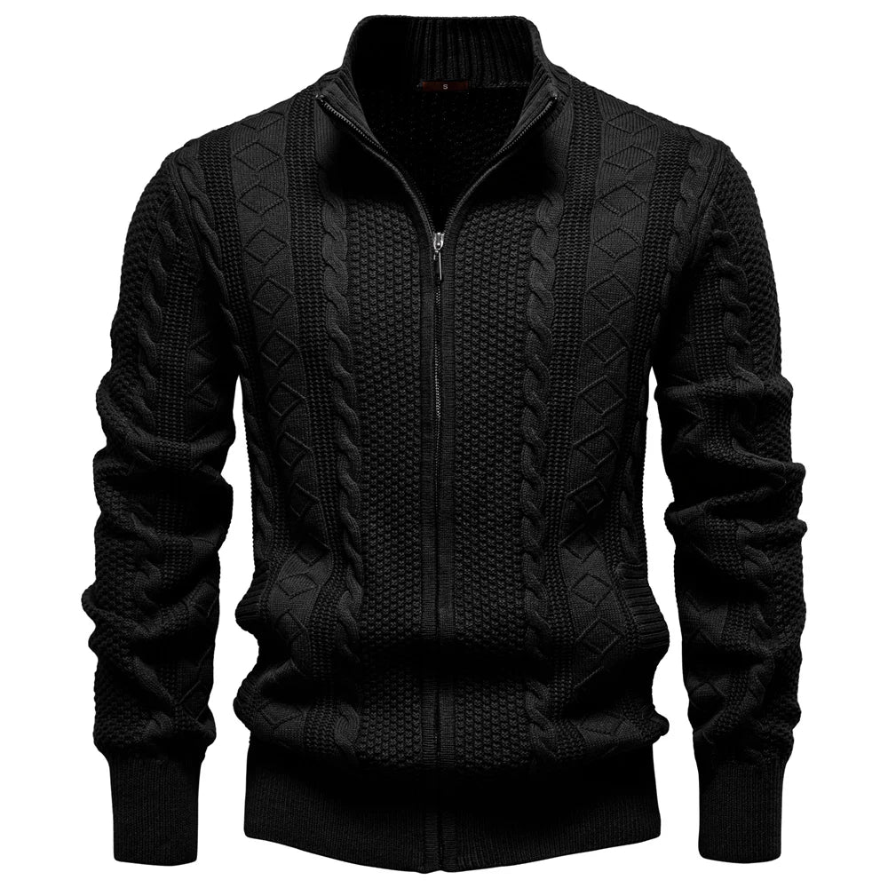 Men's Cable Knit Zip Cardigan with Ribbed Cuffs and Hem