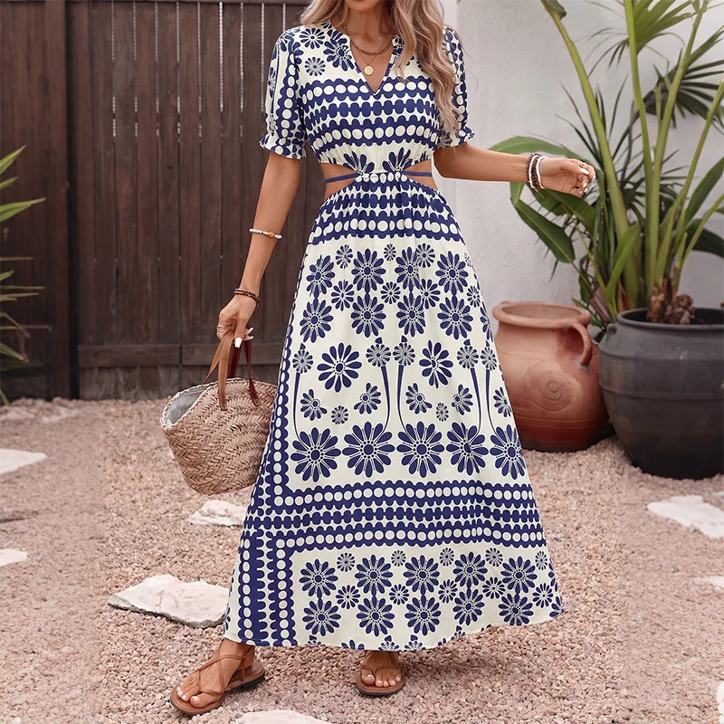 Women's Printed Cutout Waist Maxi Dress