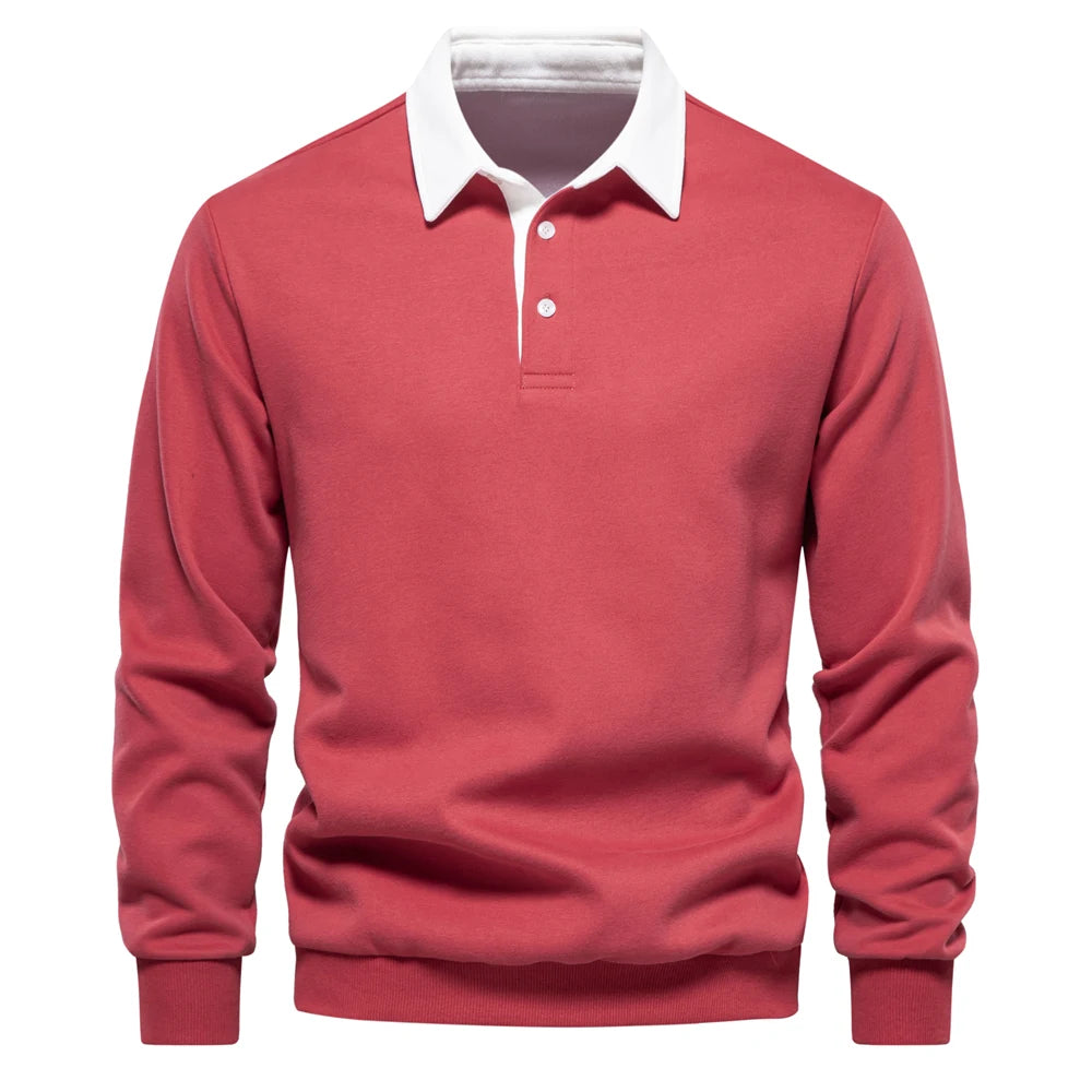 Men's Classic Collared Long Sleeve Polo Shirt with Ribbed Cuffs