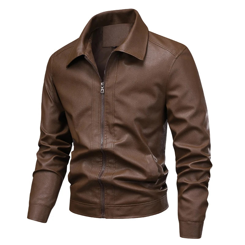 Men's Leather Look Jacket – Full Zip Front, Long Sleeves and Pointed Collar