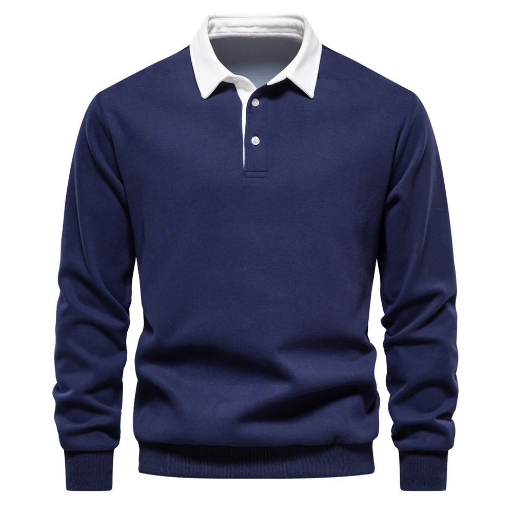 Men's Classic Collared Long Sleeve Polo Shirt with Ribbed Cuffs