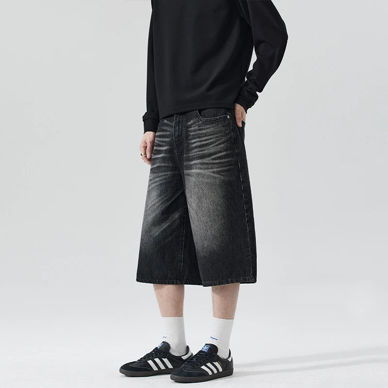Men's Relaxed Wide Leg Denim Jorts with Button Closure