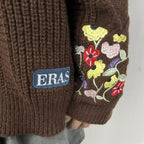 Women's Knitted Cardigan with Floral Embroidery – V Neck Long Sleeve Button Front Sweater