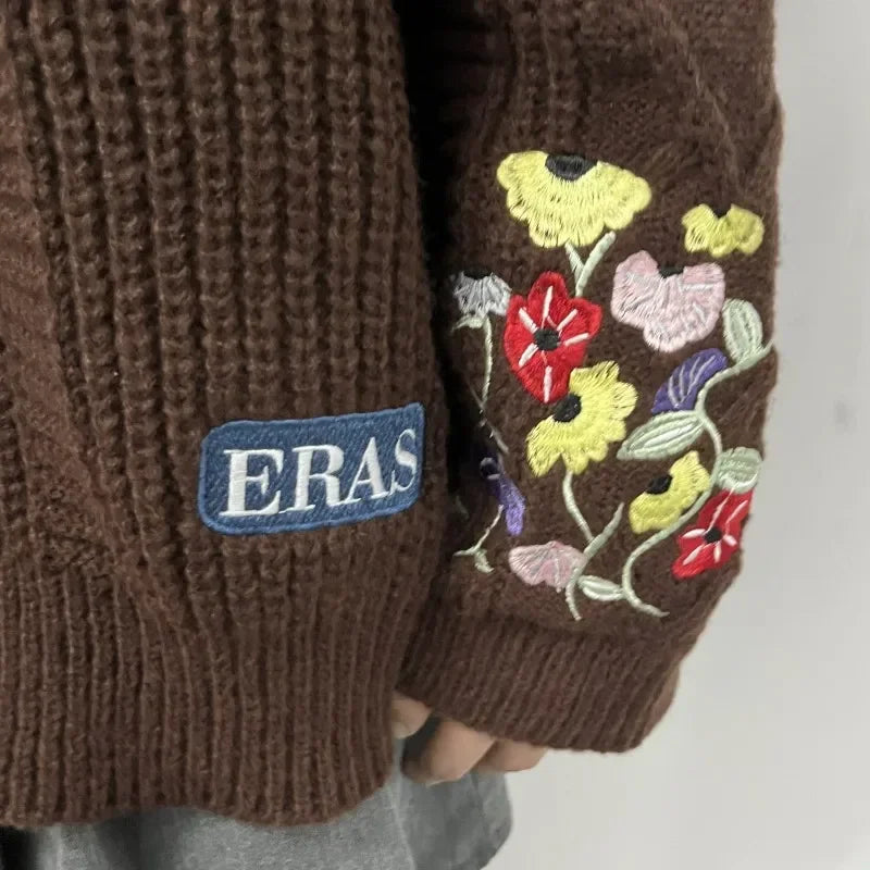 Women's Knitted Cardigan with Floral Embroidery – V Neck Long Sleeve Button Front Sweater