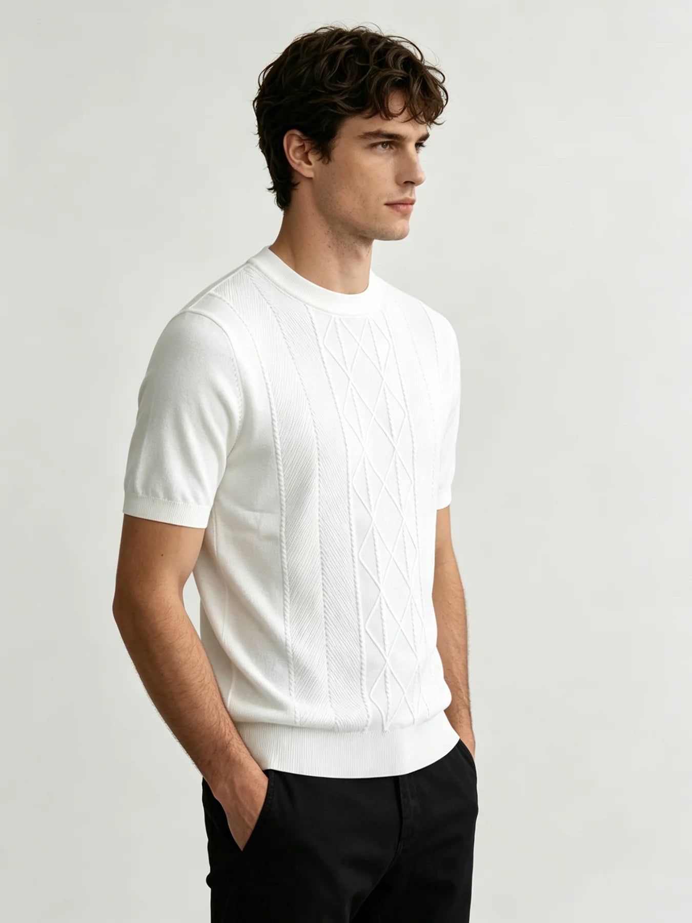 Men's Short Sleeve Cable Detail Top