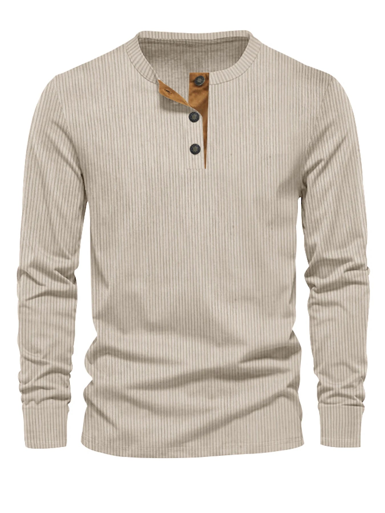 Men's Button Neck Long Sleeve Pullover Shirt with Ribbed Design