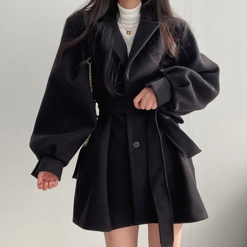 Women's Belted Double Breasted Coat – Long Sleeve Lapel Collar Button Front
