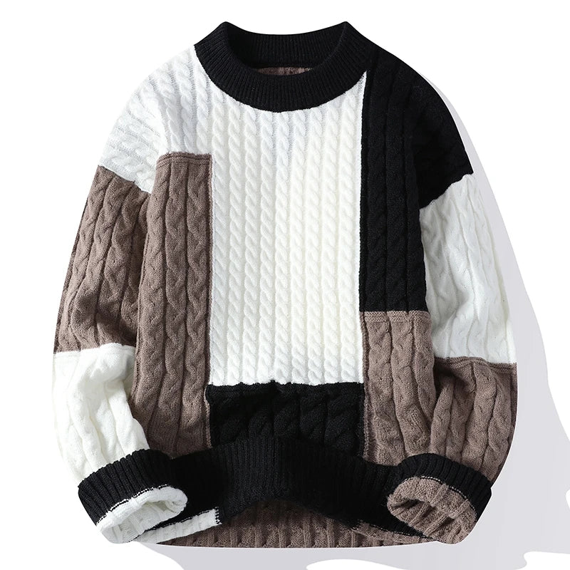 Men's Patchwork Knit Jumper with Cable Knit Panels