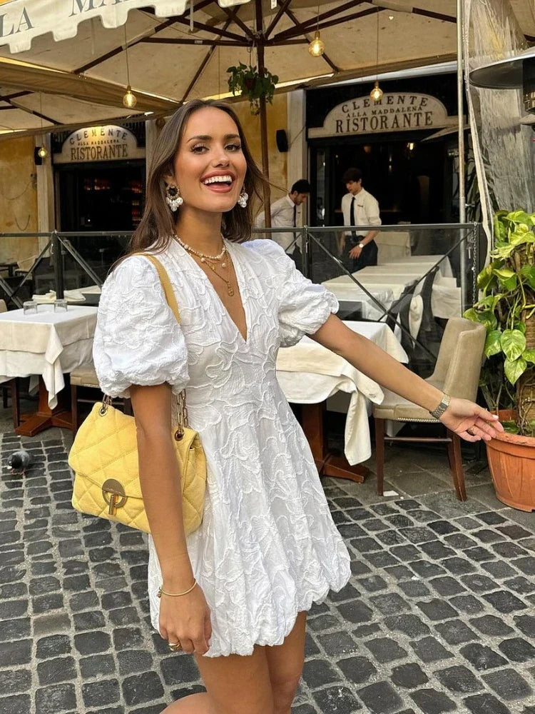 Puff Sleeve V Neck Mini Dress