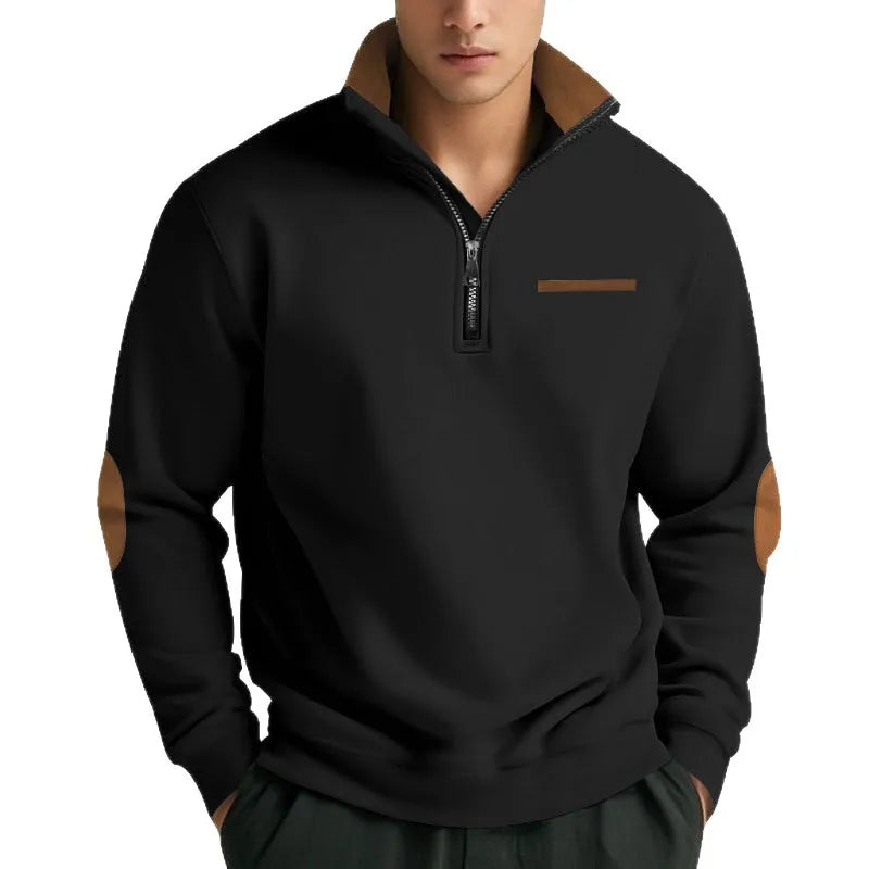 Men's Quarter Zip Sweatshirt – Long Sleeve Jumper with High Neck and Contrast Elbow Patches