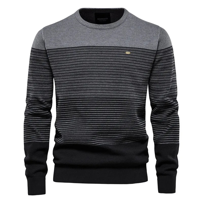 Men's Knitted Crew Neck Jumper – Long Sleeve Striped Sweater with Ribbed Cuffs and Hem